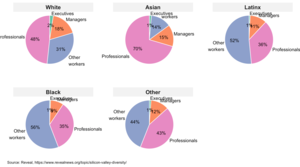 Pie chart panels showing job categories of employees in Silicon Valley companies by ethnicity/race